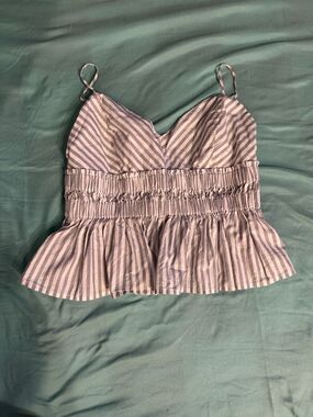 Express Gray White Striped Peplum Cami Top Smocked Babydoll Y2K Clean Girl Prep
